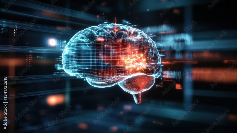 Poster exploring neural innovation brain activity visualization science lab digital art futuristic close-up