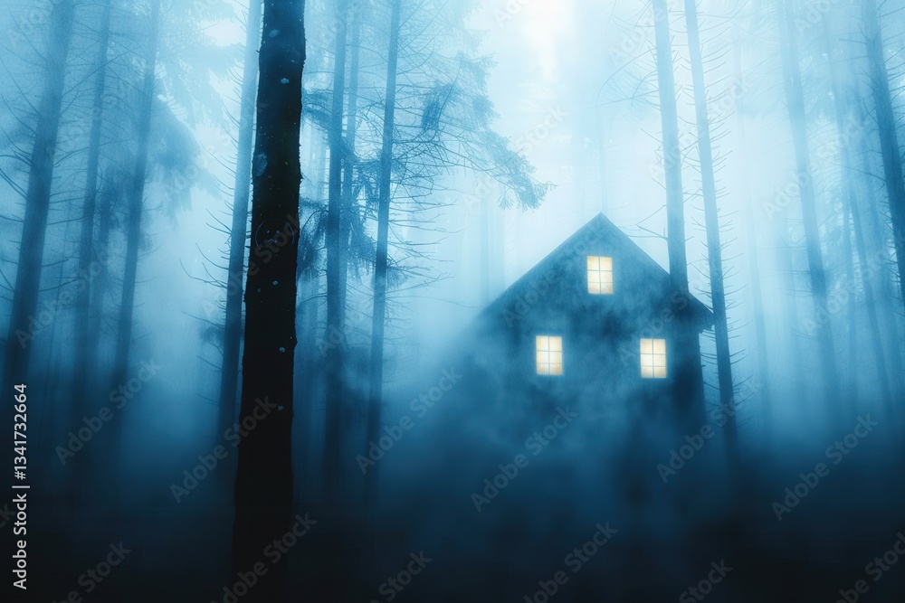 Poster a house is in the middle of a forest with fog and mist