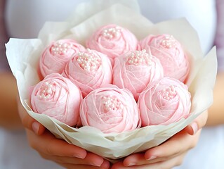 Woman holding pink flower marshmallows gift