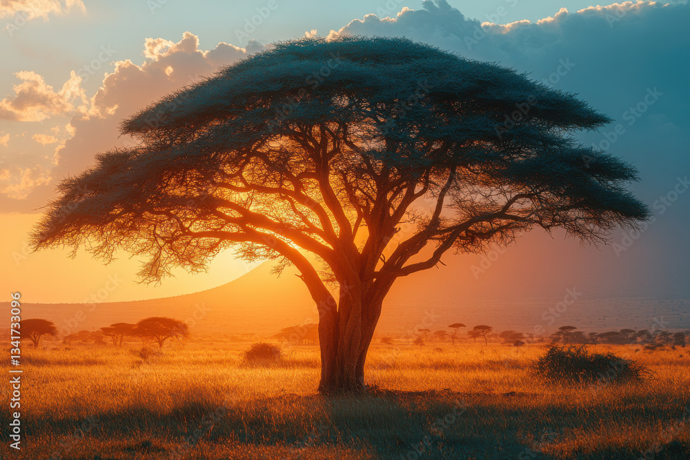 Poster a large tree stands in a field with a beautiful sunset in the background