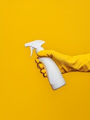 Yellow Rubber Gloved Hand Holding White Minimalist Cleaning Spray Bottle Against Yellow Background with Copy Space