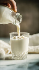 Pouring fresh kefir into a vintage glass from a bottle