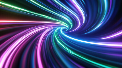 Obraz premium Swirling colorful neon light trails forming spiral tunnel with blue, purple, pink, and green glowing streaks against dark background. Abstract motion and energy flow concept