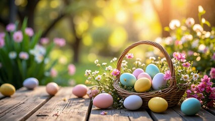 Obraz premium Warm and festive Easter arrangement with pastel eggs and flowers on a rustic wooden table