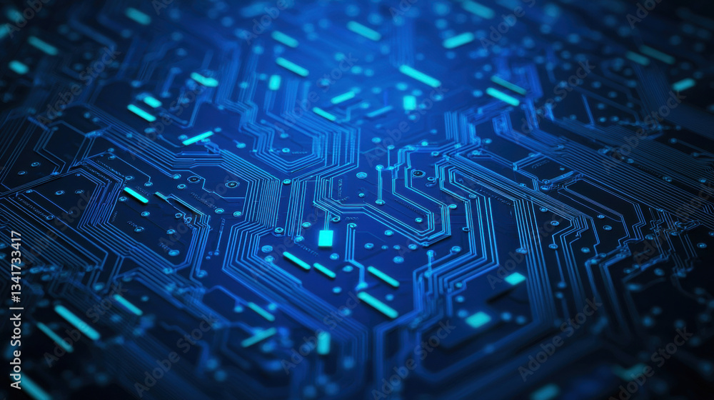 Poster close up view of blue circuit board with intricate patterns and glowing elements, showcasing
