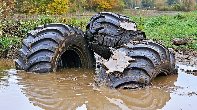 tire with visible cracks and damage, partially submerged in a polluted lake, showing the gradual breakdown of tires and their negative impact on aquatic ecosystems. [Used tires]:[Impact on the 