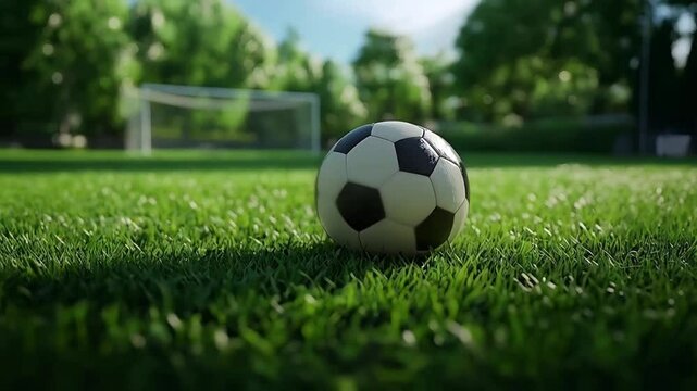 Close-up of a soccer ball on grassy field with goal post in background, copy space