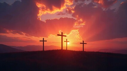 Obraz premium Breathtaking sunset with three crosses in an open valley for Easter background