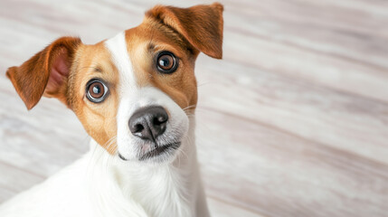 Obraz premium Curious dog looking up with expressive eyes at home