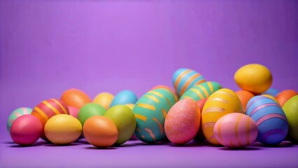 Vibrant arrangement of striped Easter eggs on a bold purple background