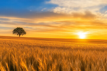 Obraz premium Golden sunset over a wheat field with a solitary tree