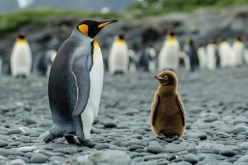 Fototapeta premium King Penguin chick and parent on a rocky Antarctic beach with a colony in background