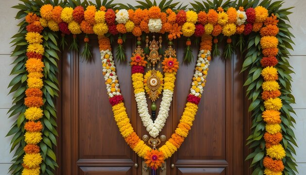 Traditional Indian marriage and festival door adornment with mango leaves and marigold flowers

