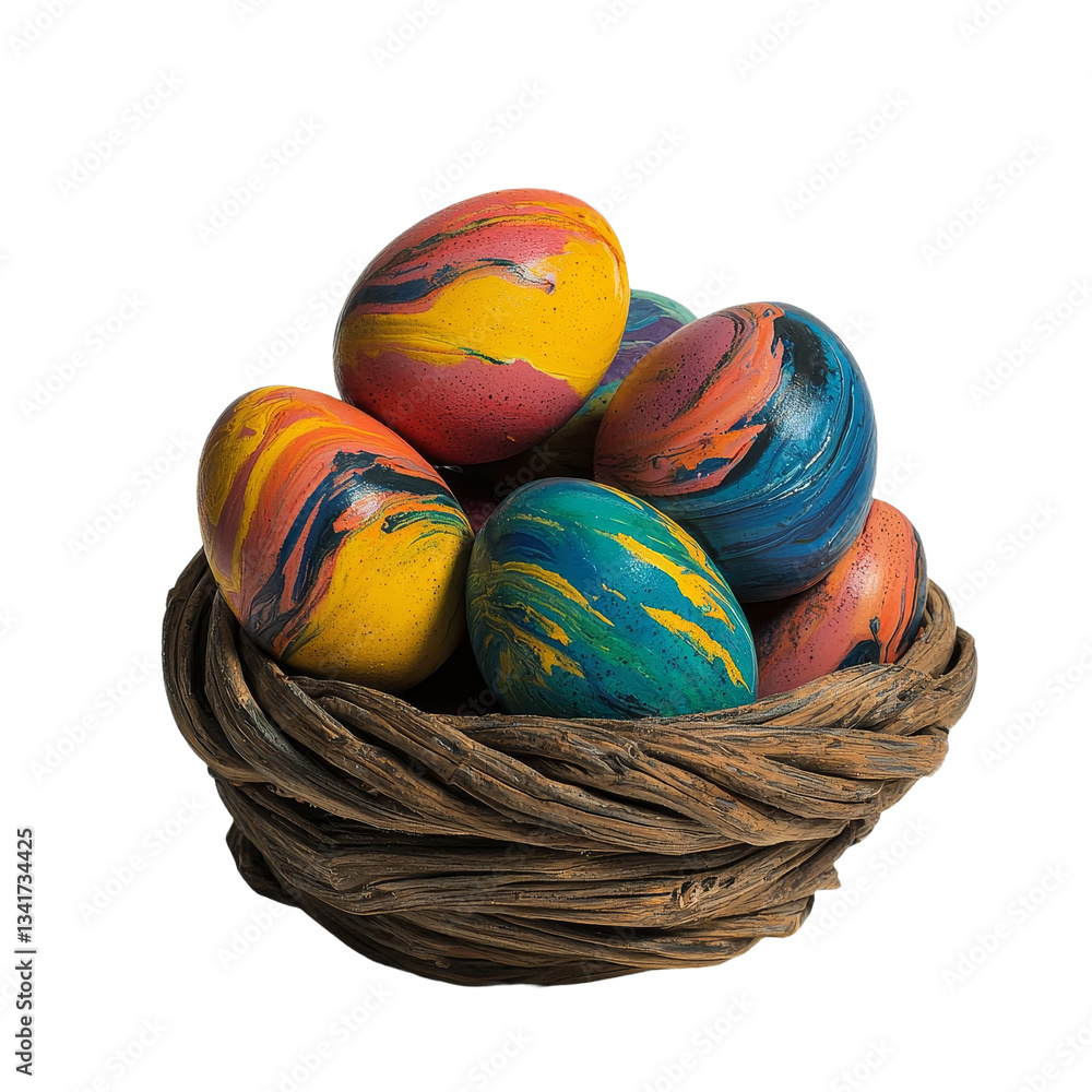 Poster vibrant eggs in a woven basket set against a transparent backdrop, created with generative ai