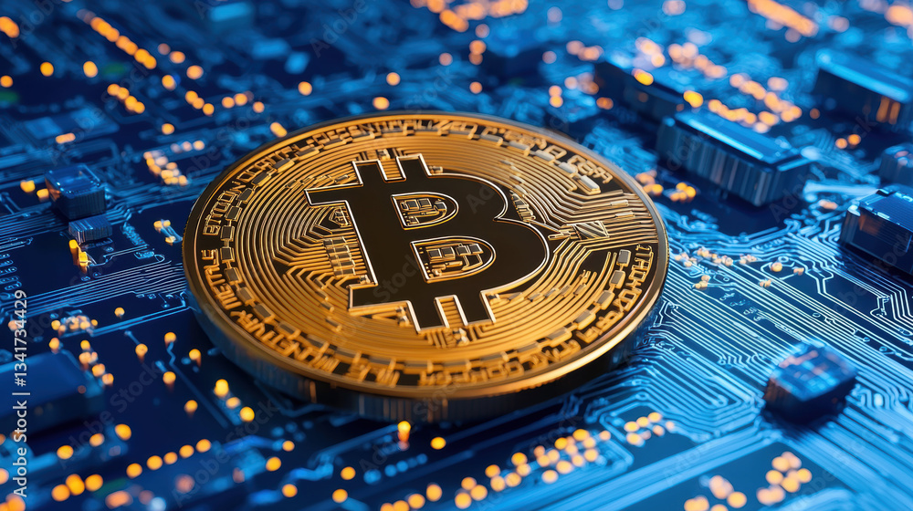 Poster digital representation of cryptocurrency on circuit board, showcasing innovation and technology in f
