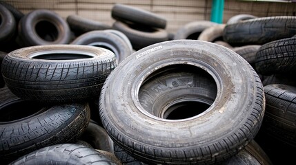 Obraz premium visual of a tire recycling plant, with used tires being processed in large machines, symbolizing the potential for sustainable management of tire waste. [Used tires]:[Impact on the environment] 