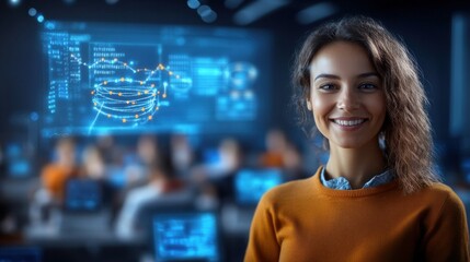 Innovative tech presentation by a young woman in a modern conference room professional setting motivational atmosphere engaging viewpoint