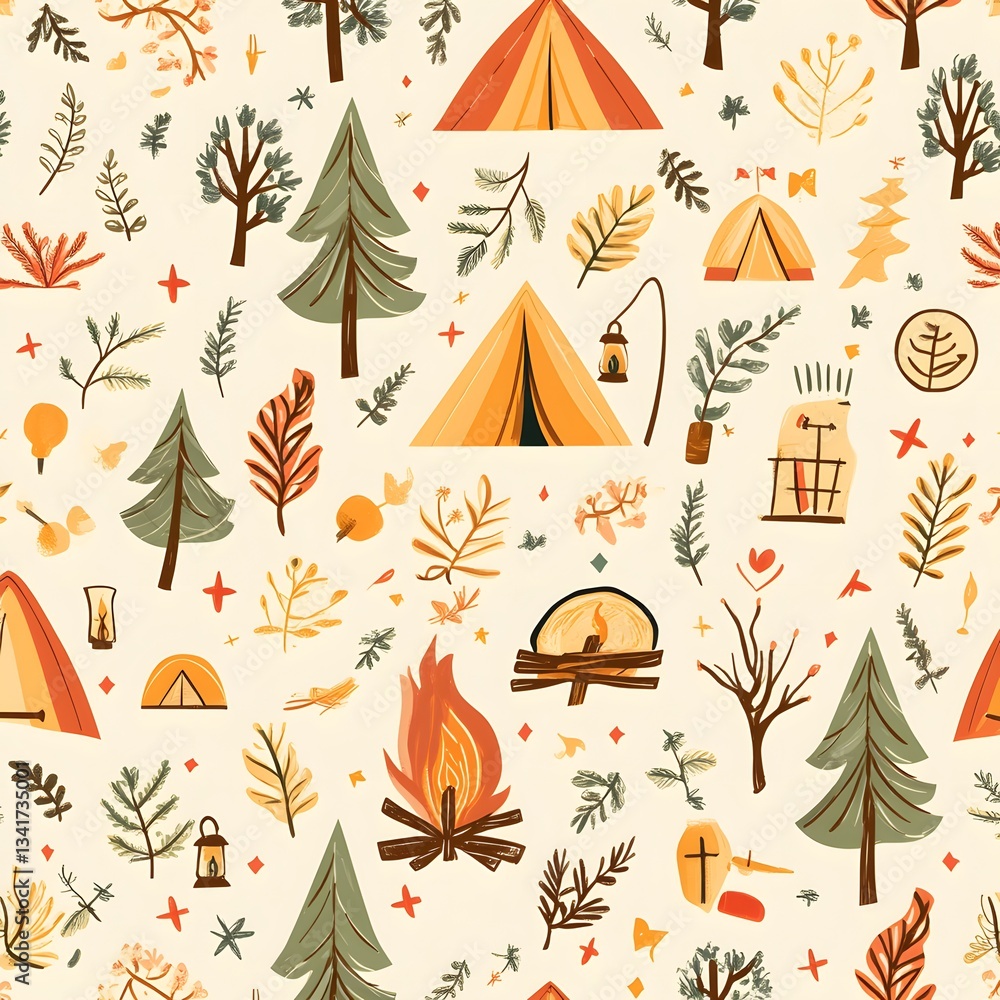 Poster a seamless pattern of camping elements like tents, bonfires, and lanterns in a rustic color scheme.