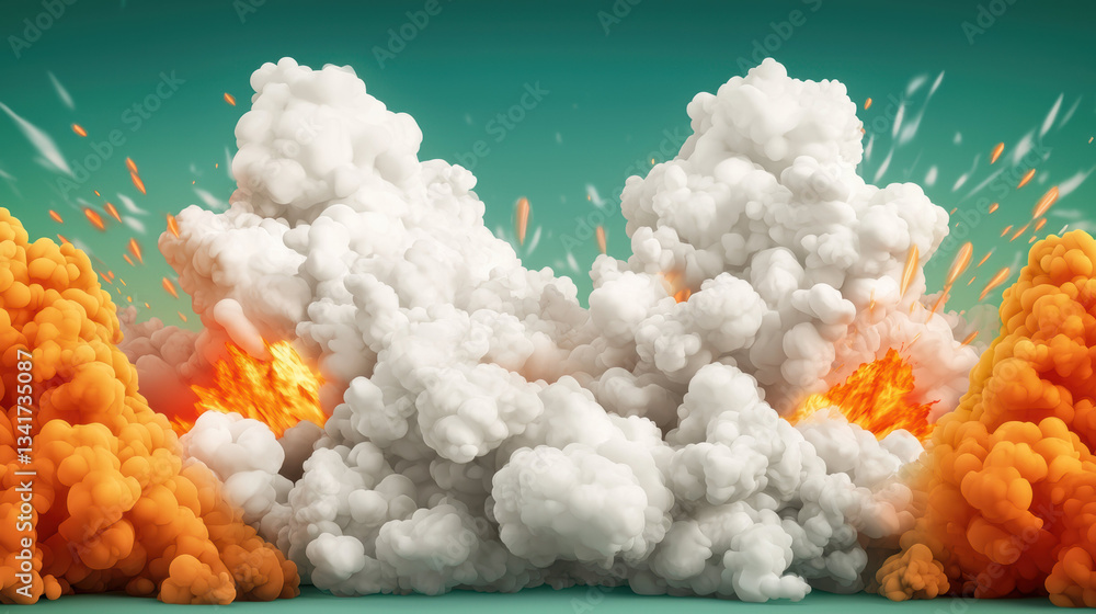 Poster vibrant and dynamic explosion scene with colorful smoke and fiery bursts, creating intense visual im