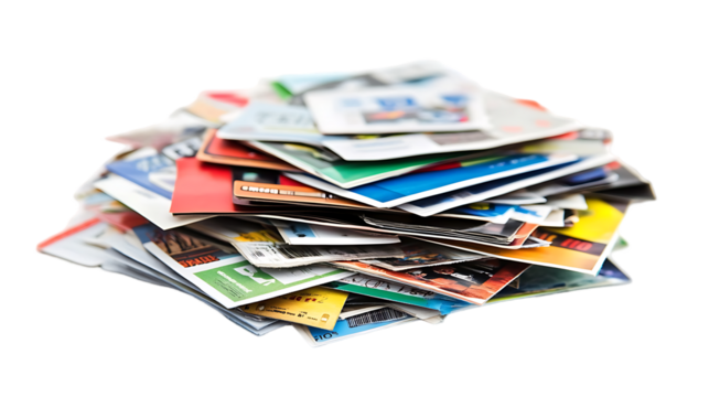 Colorful pile of junk mail and paper on black