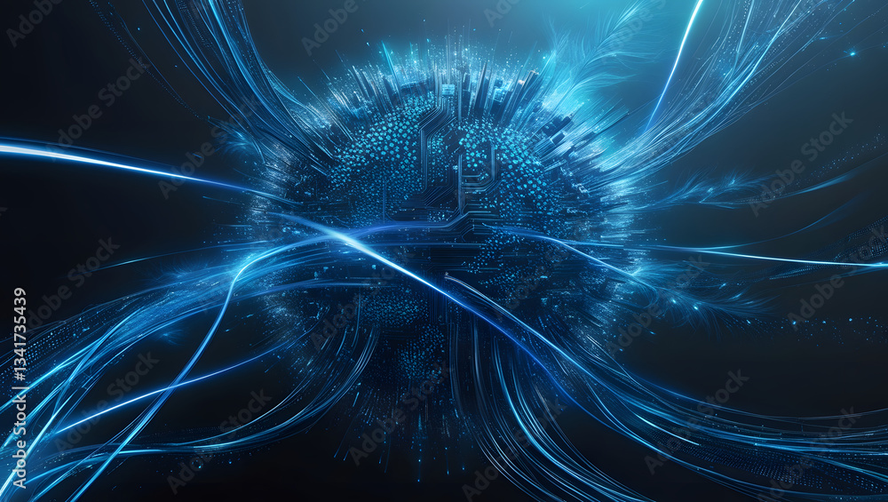 Poster digital network: a digital representation of a complex network, symbolized by a glowing sphere and i