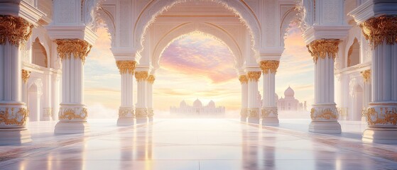 Grand White Indian Palace Archway, Gold Ornaments, Vibrant Holi Colors. Background Frame. Copy space. Generative AI