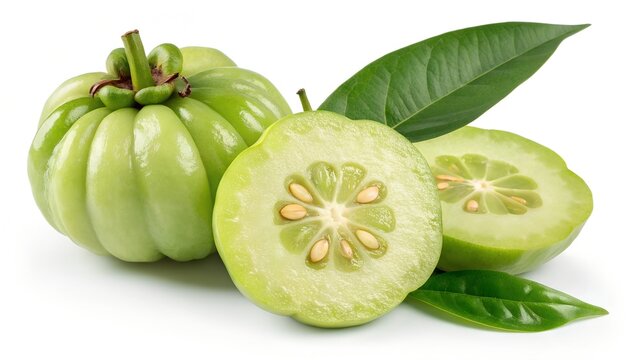 Garcinia Cambogia Fruit with Leaves and Sliced Piece