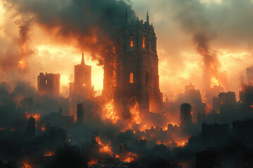 Fototapeta premium A city is on fire with a large building in the middle