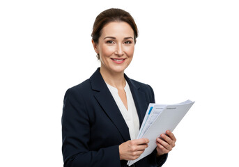 Cheerful woman supervisor holding documents isolated on White background