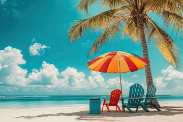 Obraz premium Beach chairs a colorful parasol and a cooler under a swaying palm tree