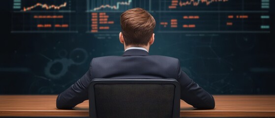 A professional looking individual in a suit, seated before a digital display showcasing financial graphs and data.