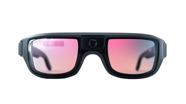 Futuristic smart glasses with a camera and pink tinted lenses