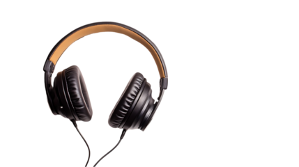 Black over ear headphones with light brown headband sit tilted