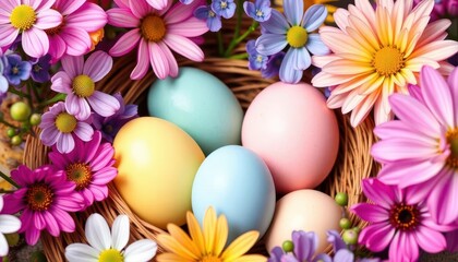 Pastel colored Easter eggs nestled in a spring flower arrangement, nature, celebration