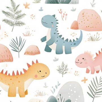 Fototapeta A repeating pattern of adorable dinosaurs in pastel colors playing among ferns and rocks.