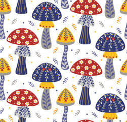 Seamless background with decorative mushrooms in bohemian style. Cute pattern of forest elements with floral ornaments