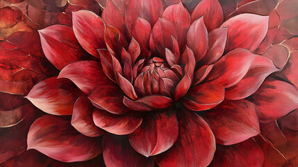 Naklejka premium A deep red dahlia in full bloom, showcasing layered petals with intricate textures and a rich floral composition.