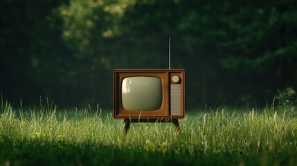 A forgotten retro TV surrounded by tall summer grass, with warm sunlight creating a dreamy scene.