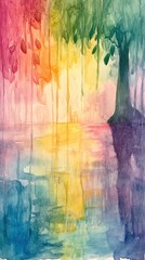 Colorful watercolor washes depict a serene landscape with reflections of spring rain creating a magical blend of hues at sunset