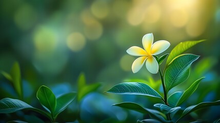 Single Plumeria in Lush Garden, Sunlight