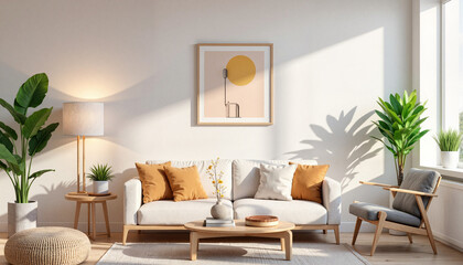 Stylish modern living room with potted plants, serene ambiance