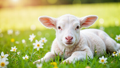 Obraz premium Lamb resting peacefully in a field of flowers, sacred Easter symbolism