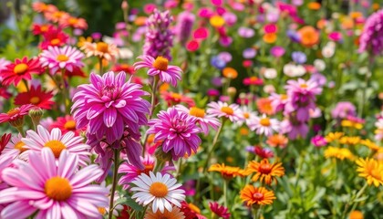 Obraz premium Summer garden panorama with vibrant perennial flowers in full bloom, botany, flowers