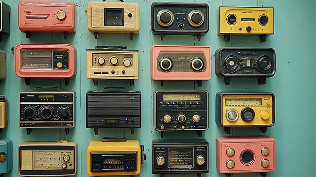 Vintage radios displayed on a colorful wall, showcasing retro design and nostalgia
