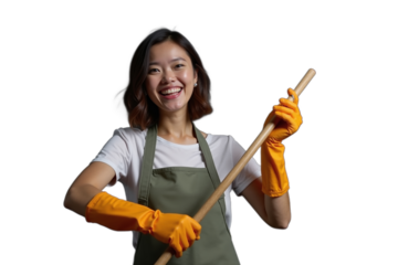 Happy woman cleaning with broom, wearing yellow gloves and apron, indoors, bright atmosphere
