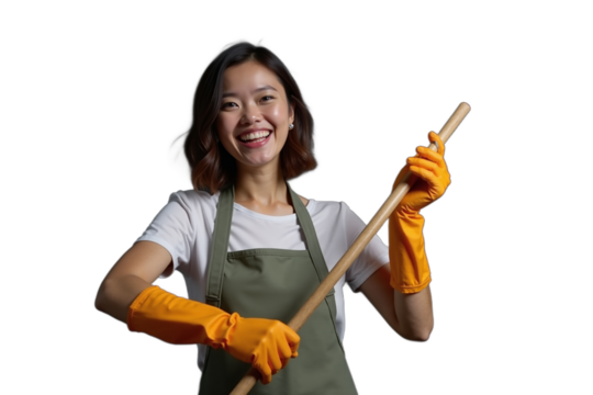 Happy woman cleaning with broom, wearing yellow gloves and apron, indoors, bright atmosphere - Powered by Adobe