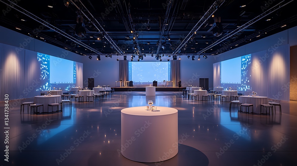Poster event space ready for guests with round tables and stage