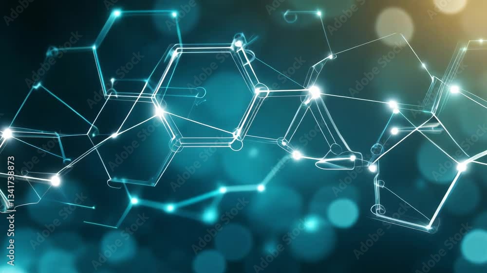 Poster this vibrant visual features interconnected molecular structures that appear to glow against a soft 