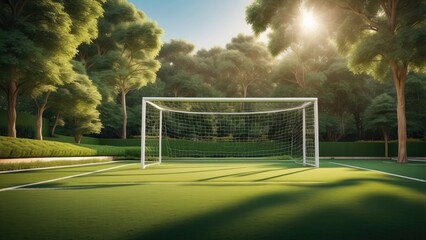 Fototapeta premium A panoramic view of a soccer field bathed in sunlight,