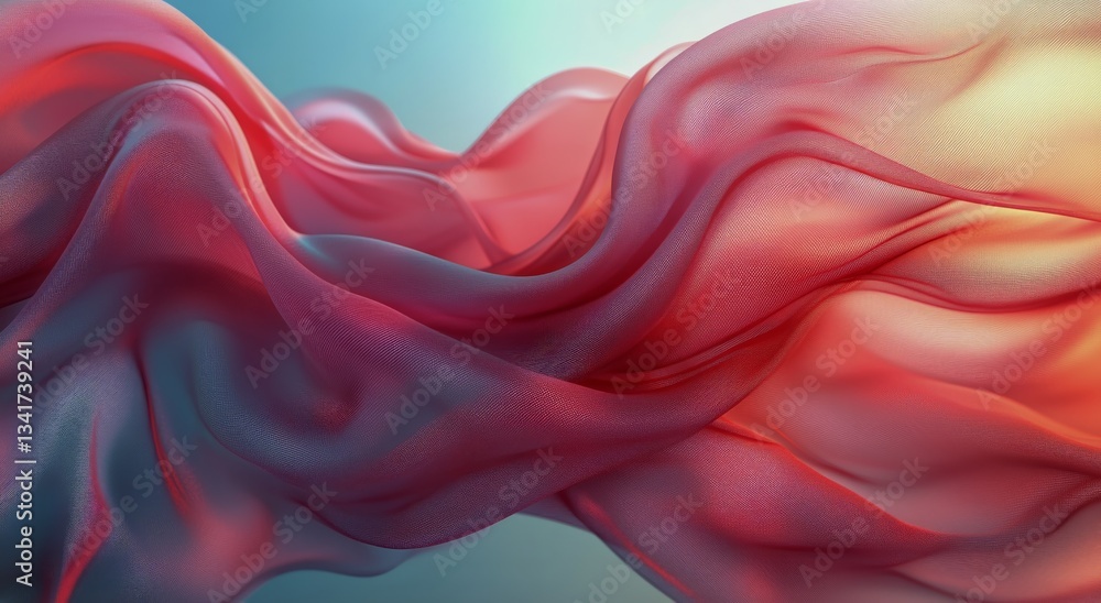 Poster flowing fabric draped gracefully in soft waves, showcasing a blend of warm colors in a serene settin